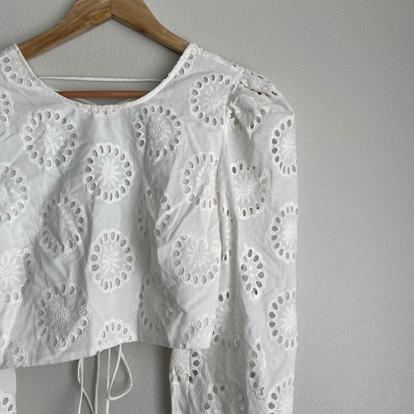 Zara Eyelet Lace Long Sleeve Cropped Puff Sleeve Coquette Top Size Small - Picture 4 of 10